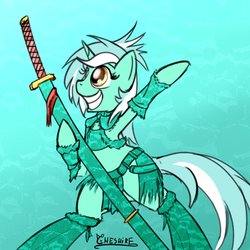 Size: 600x600 | Tagged: safe, artist:cheshiresdesires, lyra heartstrings, pony, unicorn, semi-anthro, g4, abstract background, clothes, female, grin, katana, smiling, solo, sword, weapon