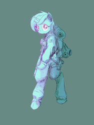 Size: 900x1200 | Tagged: safe, artist:cheshiresdesires, lyra heartstrings, unicorn, semi-anthro, g4, backpack, bipedal, clothes, female, gas mask, green background, gun, handgun, hooves, horn, mare, pistol, simple background, solo, weapon