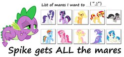 Size: 1313x609 | Tagged: safe, applejack, dj pon-3, fluttershy, octavia melody, pinkie pie, rainbow dash, rarity, spike, sunset shimmer, trixie, twilight sparkle, vinyl scratch, dragon, earth pony, pegasus, pony, unicorn, g4, alternate hairstyle, backwards cutie mark, bedroom eyes, chart, female, flower, flower in mouth, list, male, mane seven, mane six, mare, messy mane, mouth hold, rose, ship:applespike, ship:flutterspike, ship:pinkiespike, ship:rainbowspike, ship:sparity, ship:spiketavia, ship:sunsetspike, ship:twispike, shipping, spike gets all the mares, spixie, straight, tonight you, vinylspike, wet mane