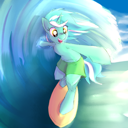 Size: 1000x1000 | Tagged: safe, artist:cheshiresdesires, lyra heartstrings, pony, unicorn, semi-anthro, g4, bipedal, clothes, female, ocean, shorts, smiling, solo, surfboard, surfing, water, wave