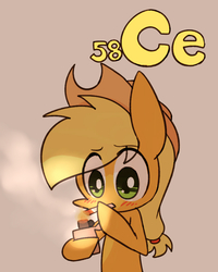 Size: 800x1000 | Tagged: safe, artist:joycall6, part of a set, applejack, series:joycall6's periodic table, g4, bipedal, blushing, cerium, chemistry, cigarette, eye clipping through hair, female, hoof hold, lighter, periodic table, smoking, solo