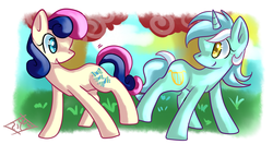 Size: 1024x539 | Tagged: safe, artist:tamoqu, bon bon, lyra heartstrings, sweetie drops, earth pony, pony, unicorn, g4, duo, looking at each other, looking at someone, smiling
