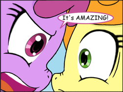 Size: 526x394 | Tagged: safe, artist:tikyotheenigma, berry punch, berryshine, carrot top, golden harvest, g4, amazing horse, cropped, reaction image