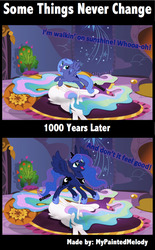 Size: 683x1105 | Tagged: safe, artist:mypaintedmelody, princess celestia, princess luna, alicorn, pony, g4, comic, cute, female, filly, happy, mare, royal sisters, siblings, sisters, walking on sunshine, woona