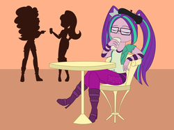 Size: 1280x957 | Tagged: safe, artist:estrill, adagio dazzle, aria blaze, sonata dusk, equestria girls, g4, beret, coffee, glasses, hat, hipster, sillhouette