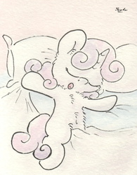 Size: 661x847 | Tagged: safe, artist:slightlyshade, sweetie belle, g4, bed, belly button, female, sleeping, solo, traditional art