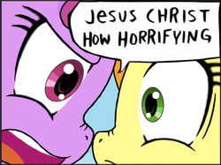 Size: 526x394 | Tagged: safe, artist:tikyotheenigma, edit, berry punch, berryshine, carrot top, golden harvest, g4, cropped, jesus christ how horrifying, reaction image