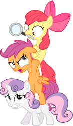Size: 1979x3394 | Tagged: safe, artist:zacatron94, apple bloom, scootaloo, sweetie belle, earth pony, pegasus, pony, unicorn, g4, angry, belly, bipedal, cutie mark crusaders, gritted teeth, looking down, looking up, magnifying glass, mouth hold, open mouth, scootaloo is not amused, simple background, tower of pony, transparent background, tree sap and pine needles, unamused, vector