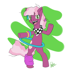 Size: 1024x1024 | Tagged: dead source, safe, artist:colt-z, cheerilee, earth pony, pony, g4, 80s, 80s cheerilee, bipedal, bracelet, braces, cute, female, happy, leg warmers, looking at you, loop-de-hoop, open mouth, simple background, smiling, solo, younger
