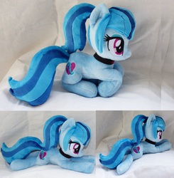 Size: 4880x4976 | Tagged: safe, artist:epicrainbowcrafts, sonata dusk, earth pony, pony, g4, absurd resolution, beanie (plushie), choker, disguise, disguised siren, equestria girls ponified, female, gem, irl, photo, plushie, ponified, ponyloaf, ponytail, prone, siren gem, solo
