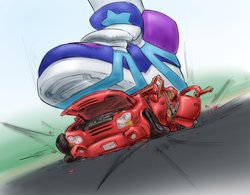 Size: 1013x789 | Tagged: safe, artist:alloyrabbit, dj pon-3, vinyl scratch, equestria girls, g4, background human, barely pony related, car, car crush, colored, crushing, giantess, macro, oh snap, shoes, stomping