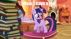 Size: 1025x576 | Tagged: safe, edit, edited screencap, screencap, twilight sparkle, pony, unicorn, g4, spike at your service, book, captain obvious, caption, female, image macro, looking back, mare, meme, open mouth, pillow, purple smart, raised hoof, raised leg, smiling, solo, sudden realization, tail, tea set, twilight's tail