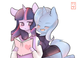 Size: 1280x960 | Tagged: safe, artist:ms-xana, trixie, twilight sparkle, anthro, g4, ambiguous facial structure, blushing, book, female, lesbian, ship:twixie, shipping