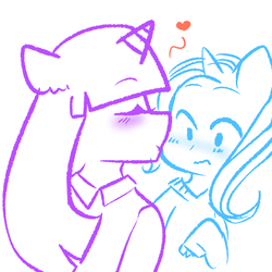 Size: 1024x1024 | Tagged: safe, artist:ms-xana, trixie, twilight sparkle, anthro, g4, blushing, female, heart, kissing, lesbian, ship:twixie, shipping, sketch