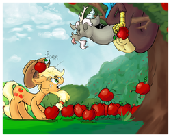 Size: 1280x1024 | Tagged: safe, artist:evedon, applejack, discord, g4, apple, tongue out