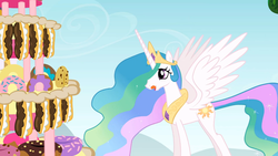 Size: 1366x768 | Tagged: safe, screencap, princess celestia, alicorn, pony, g4, mmmystery on the friendship express, cake, cakelestia, concave belly, cute, cutelestia, donut, eclair, eyes on the prize, female, food, jewelry, licking lips, mare, open mouth, peytral, regalia, slender, smiling, solo, spread wings, thin, tongue out