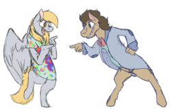 Size: 898x584 | Tagged: safe, artist:twopartpersons, derpy hooves, doctor whooves, time turner, earth pony, anthro, unguligrade anthro, g4, clothes, female, male, ship:doctorderpy, shipping, straight