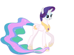 Size: 1035x772 | Tagged: dead source, safe, artist:cakeslover, princess celestia, rarity, alicorn, pony, g4, body swap, ethereal tail, eyeshadow, female, fusion, fusion:princess celestia, fusion:rarilestia, fusion:rarity, gauntlet, head swap, jewelry, lidded eyes, makeup, mare, open mouth, race swap, raised hoof, raricorn, regalia, simple background, solo, sparkling tail, tail, transparent background, vector, wat, what has magic done, what has science done