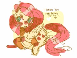 Size: 1024x768 | Tagged: safe, artist:supernoncutie, fluttershy, pony, g4, colored sketch, dialogue, female, folded wings, prone, solo, thank you, turned head, wings