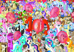 Size: 7014x4956 | Tagged: safe, artist:seriousdog, ace point, all aboard, allie way, aloe, alula, amethyst star, apple cinnamon, apple fritter, apple split, april showers, aura (character), berry punch, berryshine, big wig, blossomforth, blues, bon bon, button mash, caesar, candy mane, caramel, carrot top, cherry berry, cherry cola, cherry fizzy, cloud kicker, cloudchaser, coco crusoe, colter sobchak, count caesar, crafty crate, crescent pony, daisy, davenport, derpy hooves, diamond mint, dinky hooves, dizzy twister, dj pon-3, doctor horse, doctor stable, doctor whooves, featherweight, first base, flitter, flower wishes, geri, gizmo, globe trotter, golden harvest, goldengrape, half baked apple, hayseed turnip truck, helia, herald, horte cuisine, jeff letrotski, jesús pezuña, lemon hearts, lightning bolt, lily, lily valley, linky, lotus blossom, lucky clover, lyra heartstrings, lyrica lilac, mane moon, meadow song, merry may, minuette, mjölna, mochaccino, mr. greenhooves, mr. waddle, neon lights, noi, noteworthy, nurse coldheart, nurse redheart, nurse snowheart, octavia melody, orange swirl, parasol, parcel post, perfect pace, pipsqueak, piña colada, pluto, pokey pierce, post haste, rainbowshine, rare find, raven, rising star, roseluck, royal ribbon, royal riff, ruby pinch, rumble, sassaflash, savoir fare, screw loose, screwball, sea swirl, seafoam, sealed scroll, shady daze, shoeshine, sir colton vines iii, sparkler, spring melody, sprinkle medley, star hunter, steamer, sunshower raindrops, sweetie drops, thunderlane, time turner, truffle shuffle, twinkleshine, twist, vinyl scratch, white lightning, wild fire, written script, pegasus, pony, slice of life (episode), 100th episode, absurd resolution, apple family member, background pony, balloon, cello, donny, female, headphones, mare, musical instrument, party balloon, screwy, wall of tags
