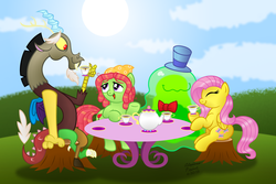 Size: 1280x853 | Tagged: safe, artist:aleximusprime, discord, fluttershy, smooze, tree hugger, g4, make new friends but keep discord, beauty and the beast, tea party