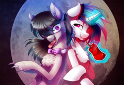 Size: 1000x683 | Tagged: safe, artist:limreiart, dj pon-3, octavia melody, vinyl scratch, hengstwolf, pony, unicorn, vampire, vampony, werewolf, my roommate is a vampire, g4, blood, blood pack, bowtie, chest fluff, drinking, ear fluff, fanfic art, fangs, female, fluffy, full moon, glasses, glowing horn, hair over one eye, hoof fluff, hooves, horn, leg fluff, levitation, looking at you, magic, mare, moon, muzzle fluff, neck fluff, open mouth, smiling, teeth, telekinesis, tongue out, vinyl the vampire, weretavia, wolftavia