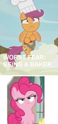 Size: 459x978 | Tagged: safe, edit, edited screencap, screencap, pinkie pie, scootaloo, earth pony, pegasus, pony, bloom & gloom, g4, the cutie map, cropped, female, filly, foal, mare, pinkie pie is not amused, text, unamused