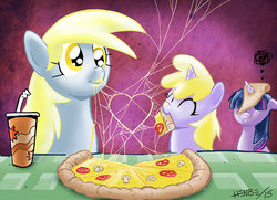 Size: 768x555 | Tagged: safe, artist:henbe, derpy hooves, dinky hooves, twilight sparkle, alicorn, pony, g4, cheese, equestria's best mother, female, horn, horn impalement, i'm pancake, mare, pizza, they're just so cheesy, twilight sparkle (alicorn)