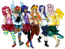 Size: 2000x1503 | Tagged: safe, artist:101l, applejack, fluttershy, pinkie pie, rainbow dash, rarity, twilight sparkle, human, g4, belly button, clothes, dark skin, front knot midriff, horn, horned humanization, humanized, midriff, monochrome, skirt, winged humanization