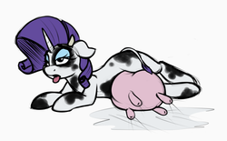 Size: 1266x785 | Tagged: safe, artist:stunnerpone, edit, rarity, cow pony, pony, unicorn, g4, female, lactation, milk, milk squirt, puddle, raricow, solo, species swap, tongue out, udder