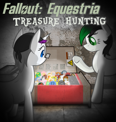 Size: 3800x4000 | Tagged: safe, artist:jordo76, oc, oc only, oc:hidden fortune, oc:lost art, earth pony, pony, unicorn, fallout equestria, fallout equestria: treasure hunting, bandana, cover, cover art, cutie mark, duo, glasses, smiling, vending machine