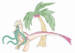 Size: 11256x8064 | Tagged: artist needed, safe, applejack, monster pony, original species, tatzlpony, g4, absurd resolution, apple, colored pencil drawing, palm tree, prehistoric, tatzljack, tentacle tongue, tentacles, traditional art, tree