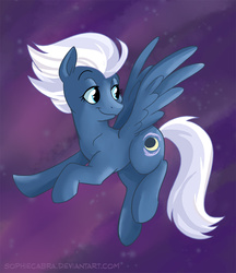 Size: 779x900 | Tagged: safe, artist:spainfischer, night glider, pegasus, pony, g4, abstract background, cute, female, flying, glideabetes, looking back, mare, night, smiling, solo, spread wings
