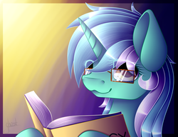 Size: 3000x2300 | Tagged: safe, artist:catherinesunrise, lyra heartstrings, pony, unicorn, g4, :3, adorkable, book, cute, dork, eye clipping through hair, female, glasses, high res, lyrabetes, meganekko, reading, solo