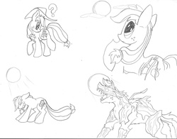 Size: 2171x1700 | Tagged: safe, applejack, earth pony, hengstwolf, pony, timber wolf, werewolf, g4, female, full moon, lineart, mare, monochrome, pencil drawing, timber wolfified, transformation, transformation sequence