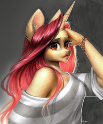 Size: 3624x4352 | Tagged: safe, artist:katputze, oc, oc only, oc:crimsy, unicorn, anthro, anthro oc, beautiful, bracelet, bust, clothes, off shoulder, solo