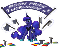 Size: 1200x970 | Tagged: safe, artist:moonlight, princess luna, alicorn, pony, g4, axe, female, flag, gay pride flag, poe's law, solo