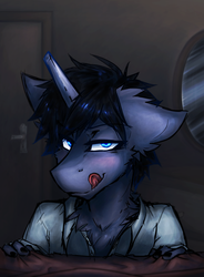 Size: 1000x1361 | Tagged: safe, artist:terror--bite, artist:the--cloudsmasher, oc, oc only, oc:razor sharp, unicorn, anthro, anthro oc, bedroom eyes, licking, licking lips, male, solo, tongue out