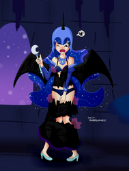 Size: 1450x1920 | Tagged: safe, artist:vanillafox2035, nightmare moon, human, g4, assisted exposure, blushing, breasts, clothes, dress, embarrassed, embarrassed underwear exposure, female, frilly underwear, horn, horned humanization, humanized, humiliation, magic, magic abuse, panties, purple underwear, solo, stripped by magic, telekinesis, torn clothes, underwear, undressing, winged humanization