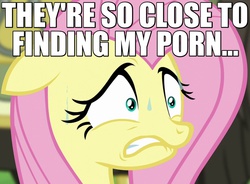 Size: 680x500 | Tagged: safe, edit, edited screencap, screencap, fluttershy, g4, party pooped, anxiety, caption, female, gritted teeth, image macro, implied porn, meme, nervous, scared, solo, sweat, sweatdrop, worried