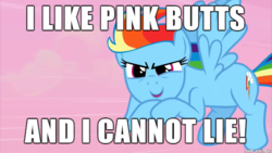 Size: 610x343 | Tagged: safe, edit, edited screencap, screencap, pinkie pie, rainbow dash, pegasus, pony, g4, the super speedy cider squeezy 6000, baby got back, caption, female, image macro, implied pinkie pie, implied shipping, lesbian, mare, meme, ship:pinkiedash, shipping, sir mix-a-lot, song reference