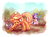 Size: 3800x2800 | Tagged: safe, artist:whitediamonds, applejack, rarity, earth pony, pony, unicorn, rarijack daily, g4, applejack's hat, bucket, cowboy hat, duo, duo female, farming, female, gardening, hat, herbicide, high res, lesbian, mare, mouth hold, one eye closed, ship:rarijack, shipping, sweat, weeds