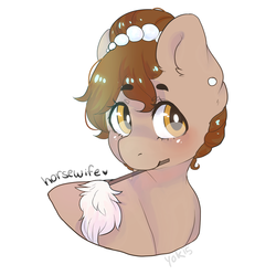 Size: 1024x1019 | Tagged: safe, artist:futurespaceprincess, artist:misocosmis, artist:yok, oc, oc only, oc:brownie bun, brown, brown mane, duster, earring, looking at you, necklace, pearl, piercing, solo, wife