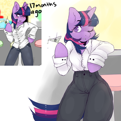 Size: 1024x1024 | Tagged: safe, artist:misocosmis, twilight sparkle, anthro, g4, alcohol, bar, clothes, martini, olive, one eye closed, redraw