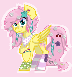 Size: 3800x4053 | Tagged: safe, artist:partypievt, fluttershy, pegasus, pony, g4, cherry, clothes, coontails, female, scene kid, socks, solo