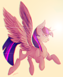 Size: 700x849 | Tagged: safe, artist:ouir, twilight sparkle, alicorn, pony, g4, female, flying, glowing horn, horn, lens flare, lidded eyes, mare, profile, signature, solo, twilight sparkle (alicorn)