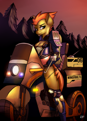 Size: 1280x1768 | Tagged: safe, artist:greenfireartist, spitfire, anthro, g4, boob window, cleavage, female, futuristic, helmet, motorcycle, solo, wonderbolts uniform