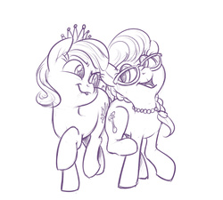 Size: 2000x1800 | Tagged: safe, artist:verulence, diamond tiara, silver spoon, earth pony, pony, g4, butt bump, butt to butt, butt touch, cute, diamondbetes, eye contact, female, filly, glasses, lineart, lip bite, looking at each other, monochrome, open mouth, raised eyebrow, raised hoof, raised leg, silverbetes, simple background, smiling, smirk, white background