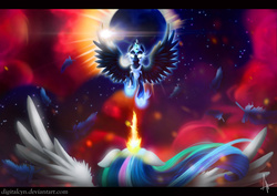 Size: 1024x724 | Tagged: safe, artist:digitalcyn, nightmare moon, princess celestia, g4, duo, eclipse, feather, flying, glowing, glowing eyes, glowing horn, horn, letterboxing, magic, magic aura, spread wings, wings