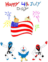 Size: 2420x3134 | Tagged: safe, artist:pokeneo1234, pound cake, pumpkin cake, rufflet, sawk, throh, g4, 4th of july, american flag, american independence day, crossover, fireworks, high res, pokémon